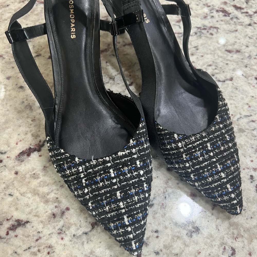 Cosmoparis | Cosmo Paris | Tweed Slingback Pointed Kitten Heel | Blue & Black